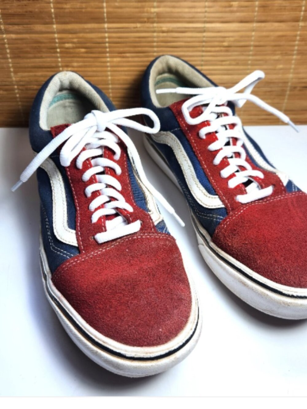 Vans Old Skool Red Blue Canvas Suede Skate Shoes Mens 7 Womens 8.5 Low Top